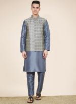 Pure Silk Blue Wedding Wear Printed Readymade Modi Jacket Kurta Pajama